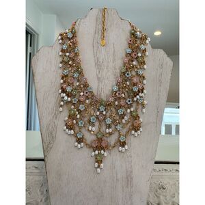 Jose and Maria Barrera Pearl Flower Pink Blue Gold Pastel Necklace Hard to Find